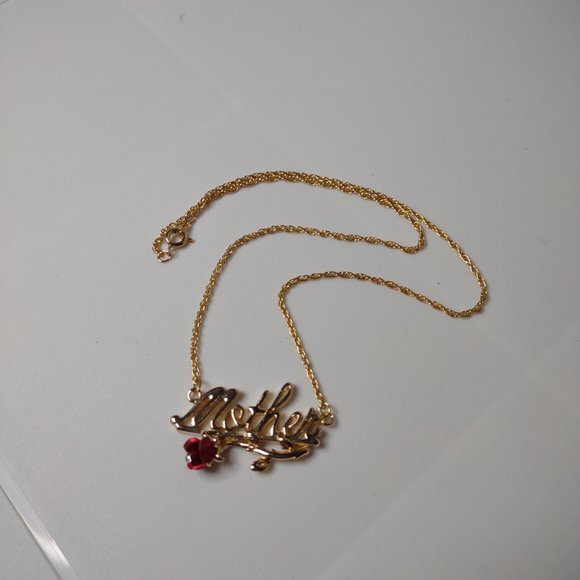 Gold Tone With Red Flower Mother Necklace 18 Inches Long - Picture 2 of 10